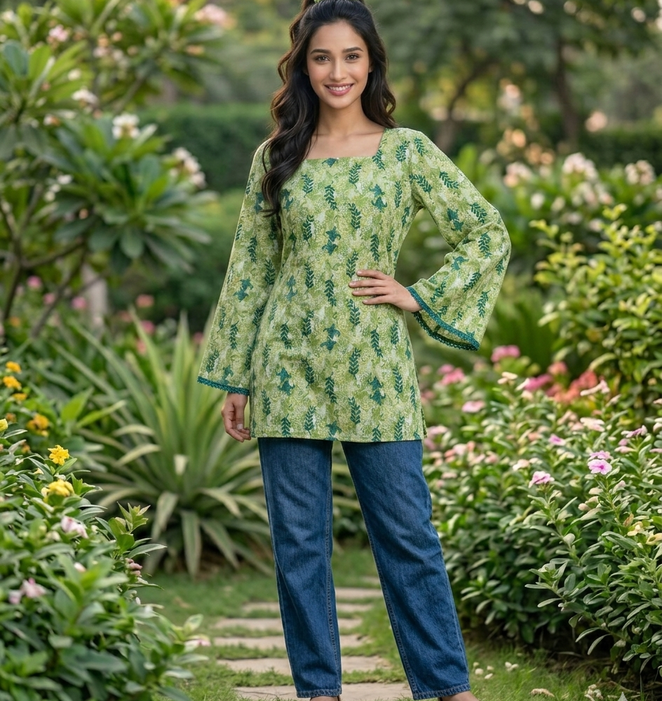 sage green nature print tunic with free scrunchie
