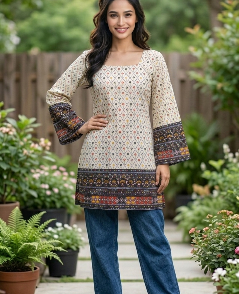 ivory ethnic print tunic with free scrunchie