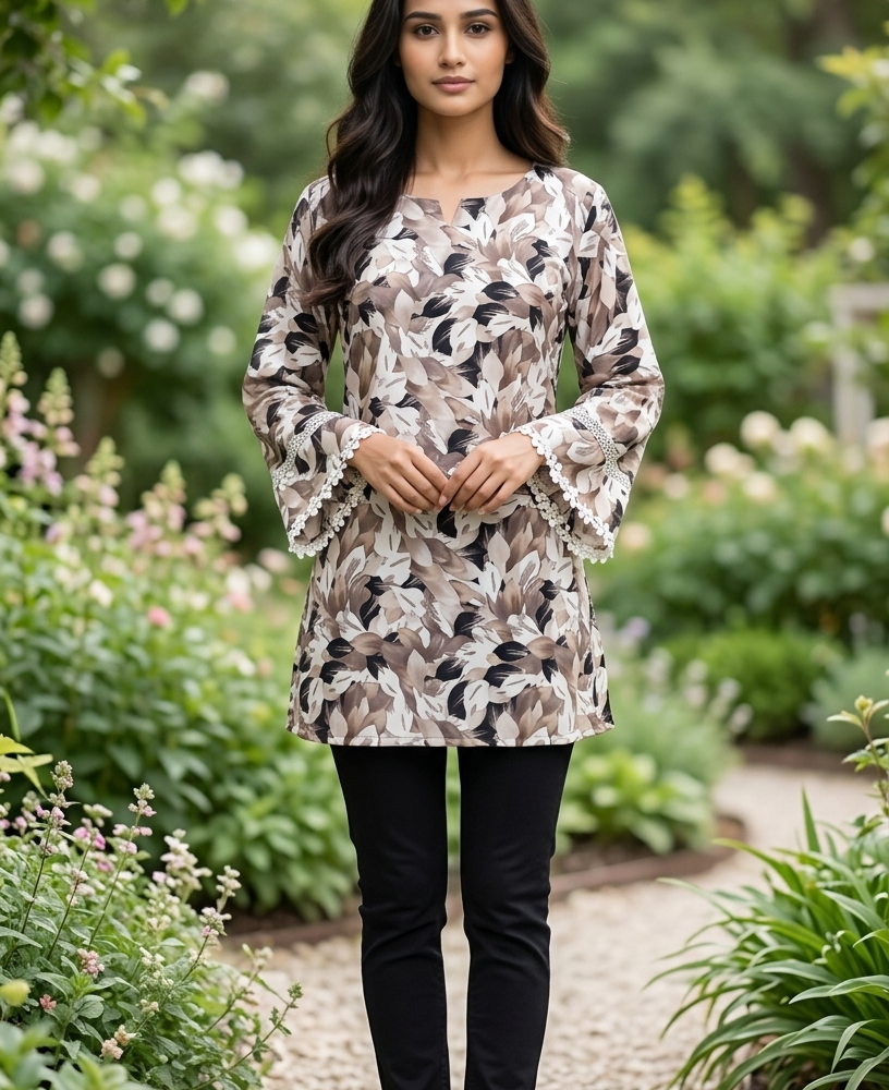 mocha leaf print tunic with lace detail & free scrunchie