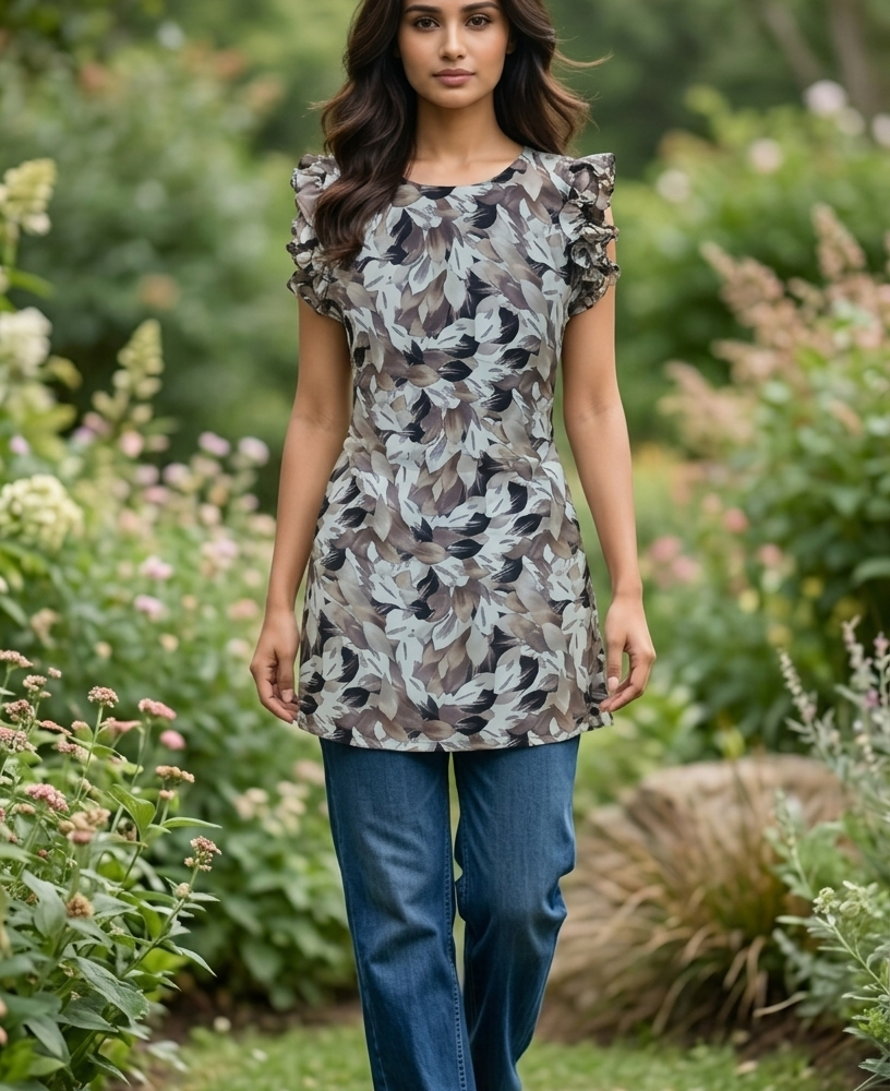 muted leaf print ruffle sleeve tunic with free scrunchie