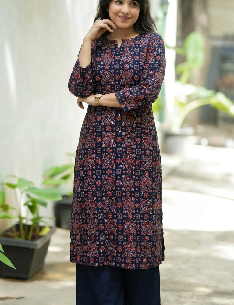 indigo paisley printed kurti set with straight pants and free scrunchie