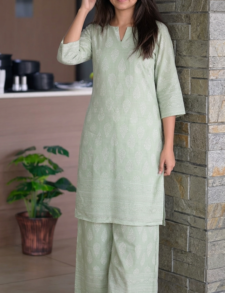 mint green printed kurti set with palazzo pants & free scrunchie