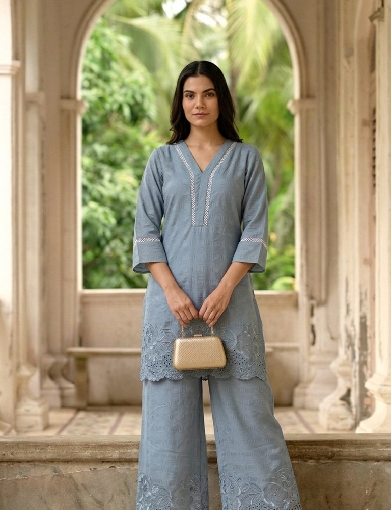 steel blue embroidered kurti set with scalloped palazzo pants & stylish scrunchie