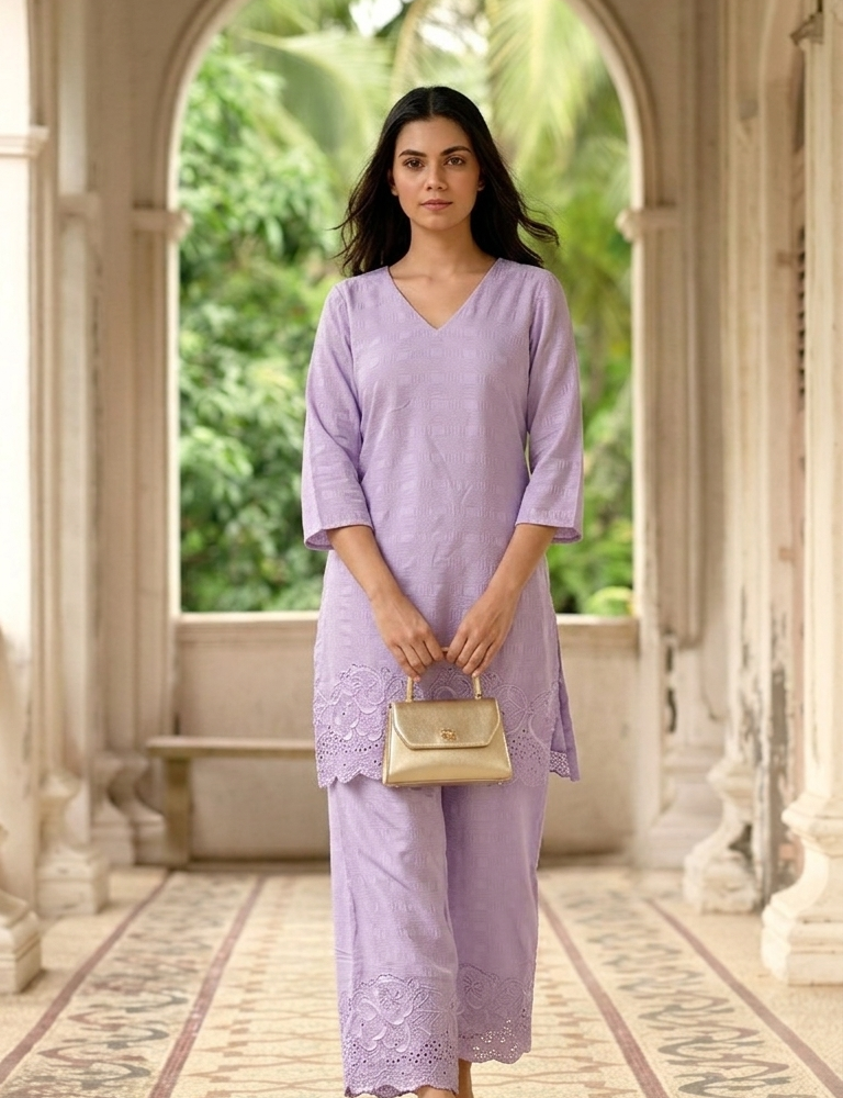 New Arrival lavender embroidered co ord set with free scrunchie