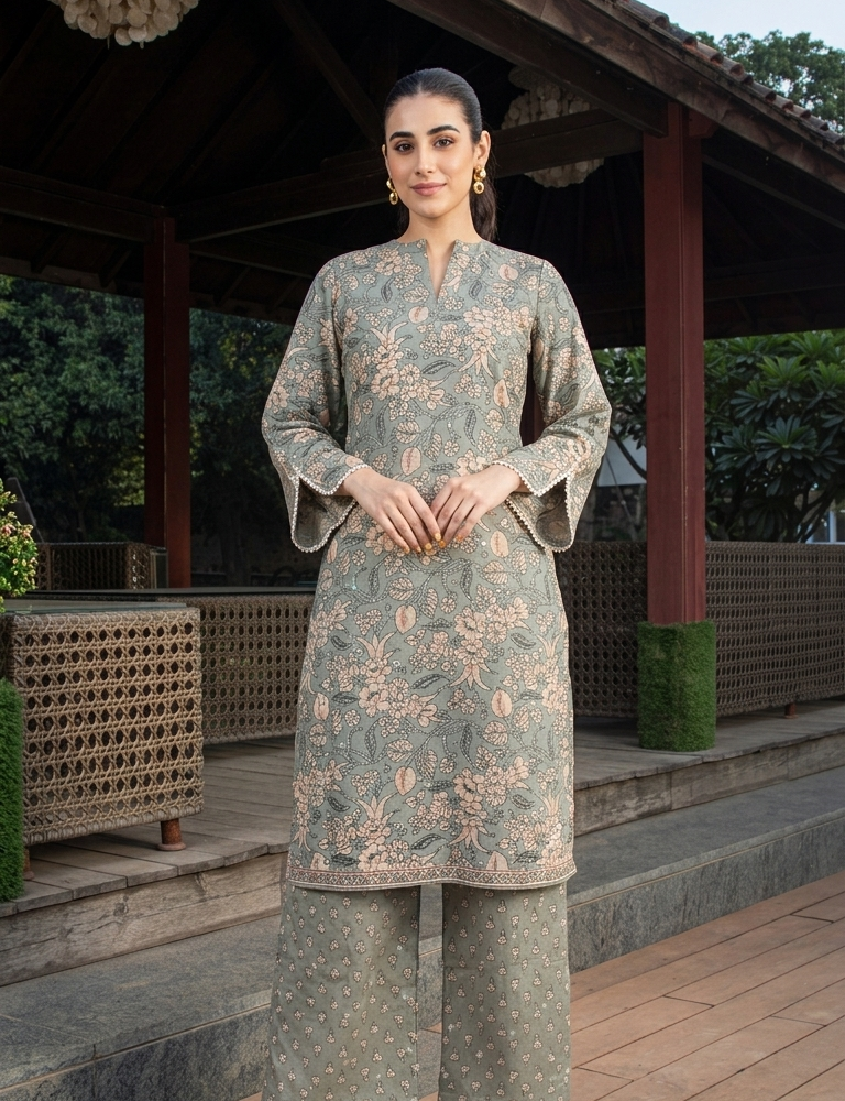 sage green floral printed kurti set with palazzo pants & free scrunchie