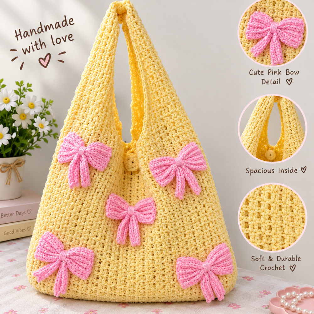 pink bow crochet tote bag